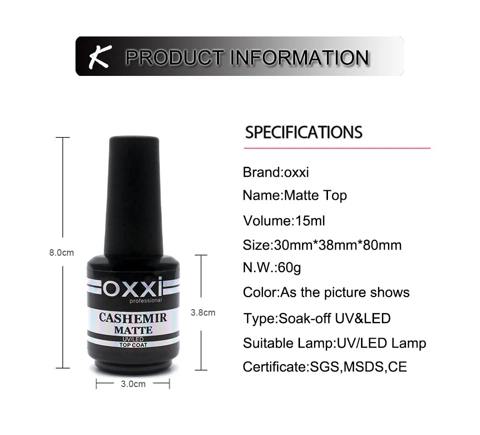 OXXI New Velvet Matte Top Coat Semi-permanent UV Nail Gel Varnish Hybrid Nails Art Desgin Matt Gellak Led Rubber Base and Top