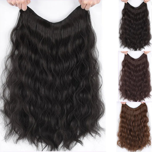 DIANQI 16 Inch Long Black Brown V-Shaped Half Wig Clip In One piece Water Wave Hair Extensions Synthetic Natural Hairpiece