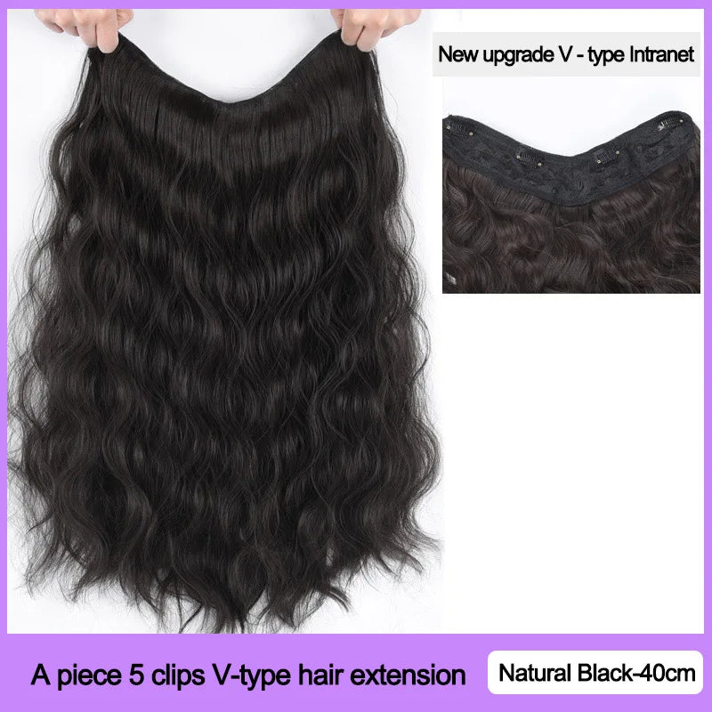 DIANQI 16 Inch Long Black Brown V-Shaped Half Wig Clip In One piece Water Wave Hair Extensions Synthetic Natural Hairpiece