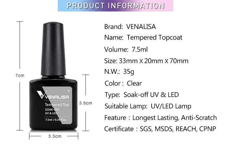 Hot Sell Venalisa Nail Art 7.5ml Tempered Top Coat Matt Top Primer Base Coat Color Gel Nail Polish UV Gel Soak Off Manicure