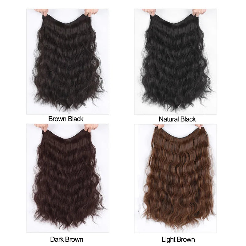 DIANQI 16 Inch Long Black Brown V-Shaped Half Wig Clip In One piece Water Wave Hair Extensions Synthetic Natural Hairpiece