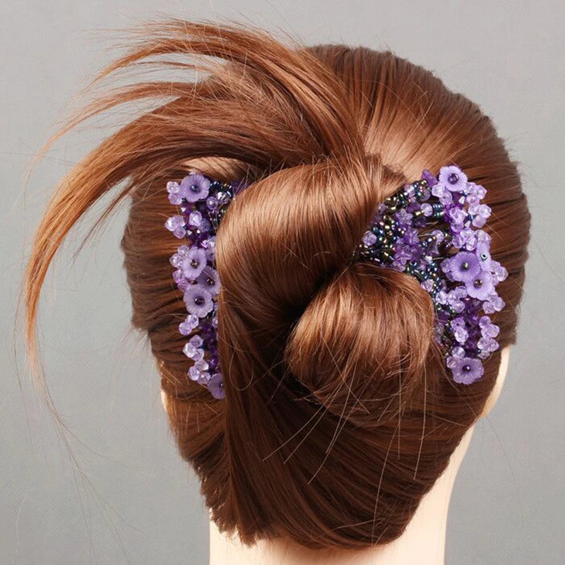 Haimeikang Hair Magic Comb Clip for Women Beaded Flower Barrette Hairpin Elastic Double Hair Combs Clips Hair Accessories