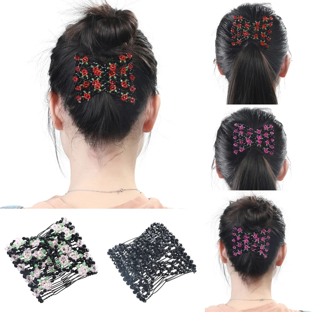 Haimeikang Hair Magic Comb Clip for Women Beaded Flower Barrette Hairpin Elastic Double Hair Combs Clips Hair Accessories