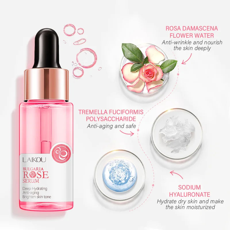 LAIKOU Bulgaria Rose Face Serum Deep Moisturizing Hydrating Anti Aging Brighten Skin Tone Remove Spots Shrink Pores Skin Care