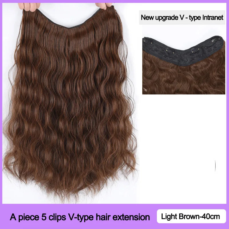 DIANQI 16 Inch Long Black Brown V-Shaped Half Wig Clip In One piece Water Wave Hair Extensions Synthetic Natural Hairpiece