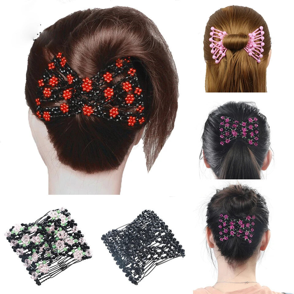 Haimeikang Hair Magic Comb Clip for Women Beaded Flower Barrette Hairpin Elastic Double Hair Combs Clips Hair Accessories