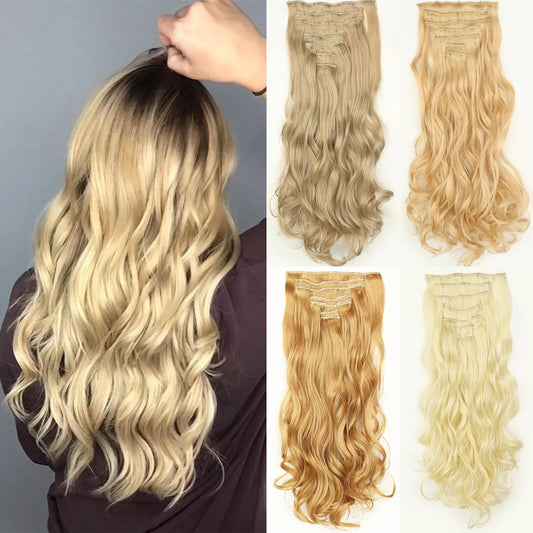 MISSQUEEN Long wavy Synthetic 16 clips Hair Extensions Clips in Hair 24Inch 7Pcs/set Suitable for Women Wig Hairpieces