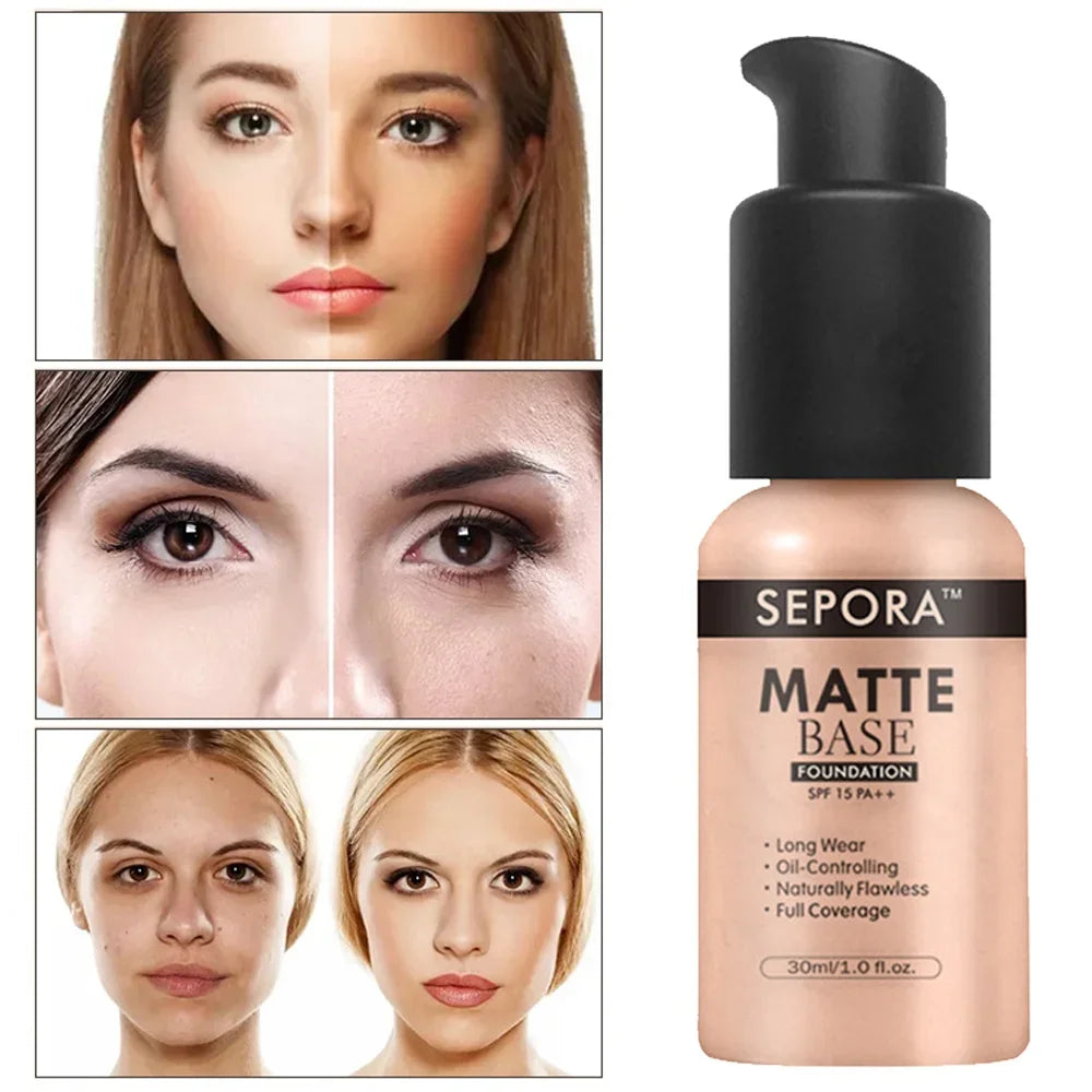 SEPORA 6 Colors Matte Liquid Foundation 30ml Oil Control Waterproof Full Coverage Facial Natural Concealer Base Makeup Cosmetics