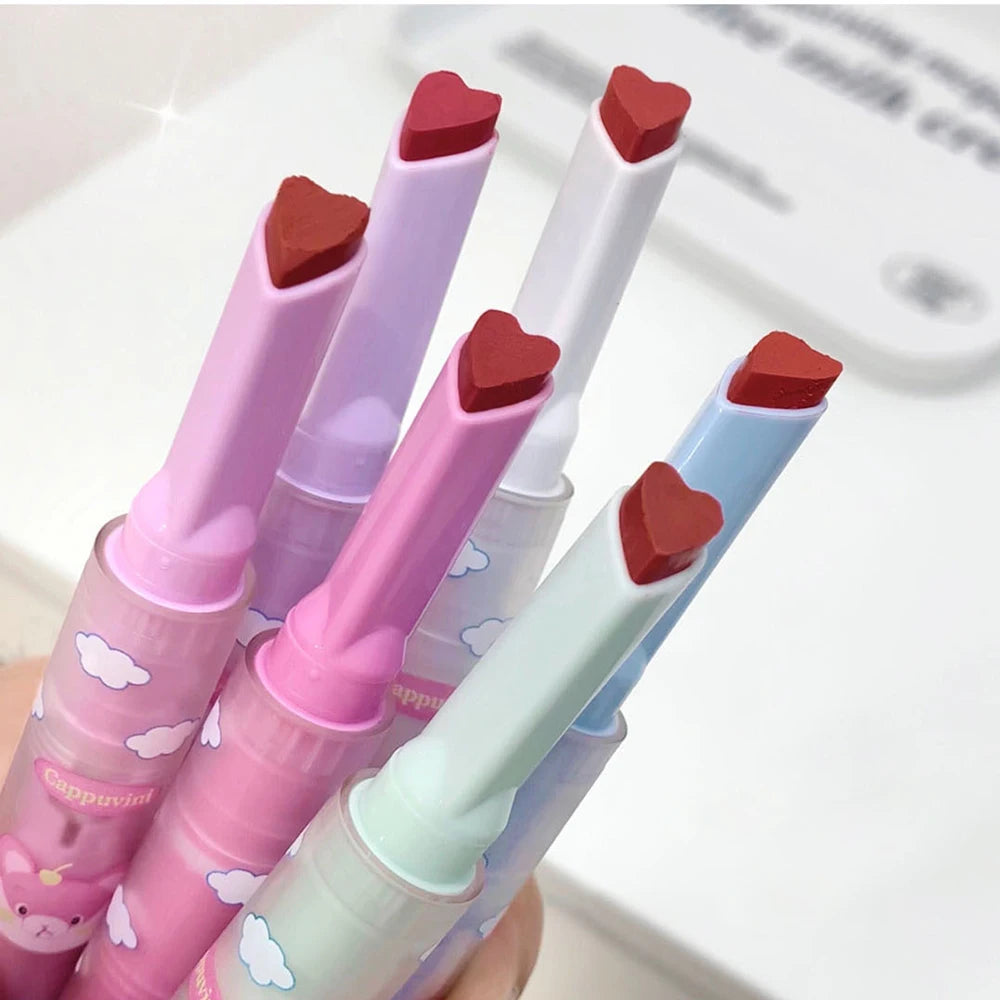 6 Colors Heart-shaped Velvet Lipstick Makeup Waterproof Non-stick Cup Matte Solid Lip Tint Pen Lasting Sexy Red Lipstick Pencil