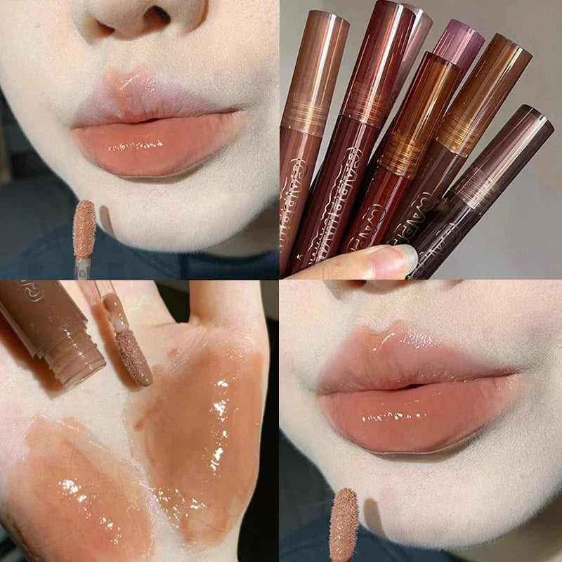 7 Colors Pink Mirror Water Lip Gloss Dark Brown Lip Oil Waterproof Non-stick Cup Liquid Lipstick Nude Brown Clear Tint Makeup