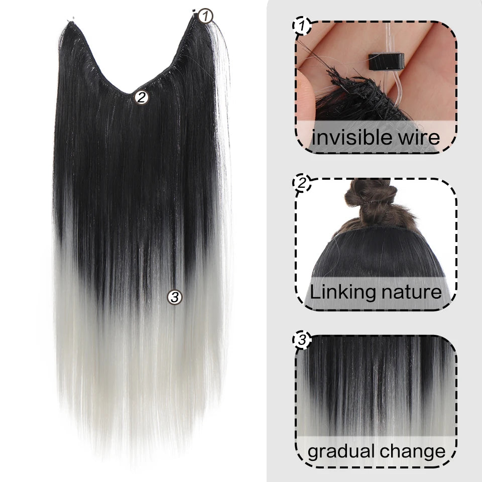 Synthetic non-clip invisible steel wire hair extension straight hair black gradient gray integrated fake wig hair extension