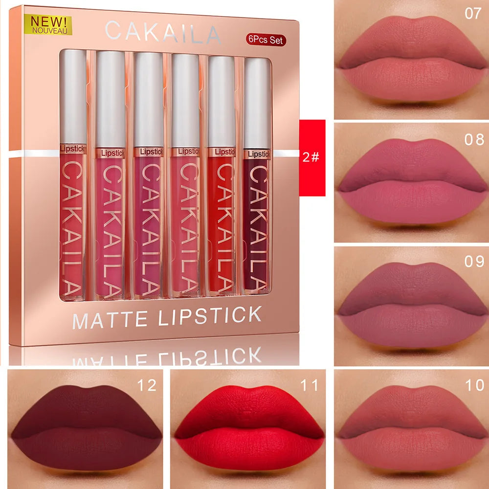 CAKAILA 6Pcs/Set Velvet Matte Lipstick 24HR Lasting Rich Matte Finish Liquid Lipstick Lip Gloss Nude Glaze Makeup Cosmetic