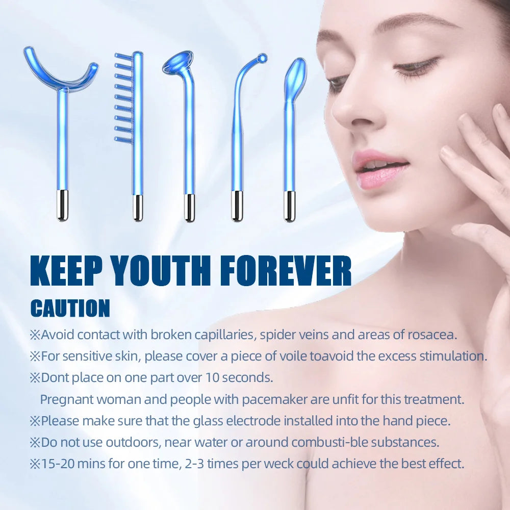 AOKO Blue 5-in-1High Frequency Facial Machine For Hair Face Anti Aging Therapy Acne Tool Fusion Neon+Argon Wands Skin care