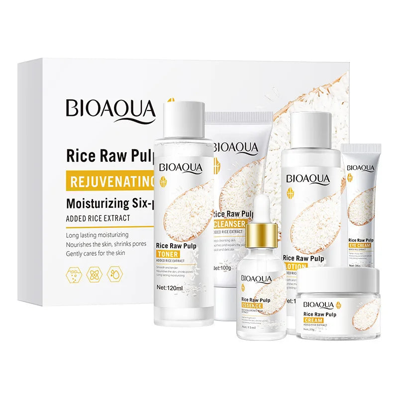 6pcs/set BIOAQUA Rice Raw Pulp Skin Care Sets Face Cream Serum Firming Moisturizing Facial Cleanser Toner Korean Face Care