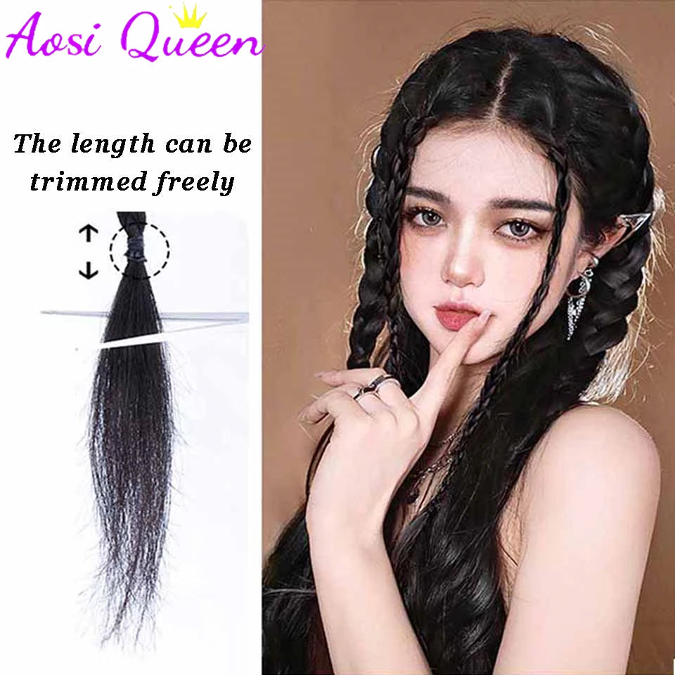 AOSI One-card Hairpin Style Braided Hair Extensions Synthetic 19-inch Highlighted Braided Double Ponytail Wig