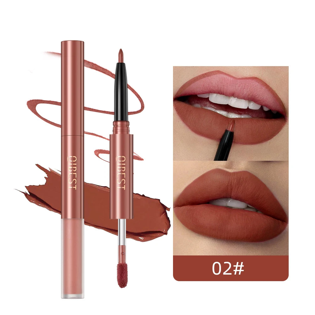 QIBEST 2 IN 1 Lip Liner Waterproof  Matte Velvet Lipstick Lipliner Pen Long Lasting Nude Lipstick Lipliner Pencil Contour Makeup