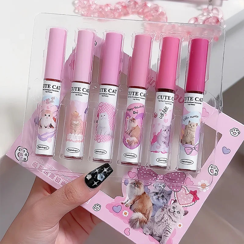 6Pcs/set Cute Cat Mirror Water Lip Gloss Set Red Tint for Lips Makeup Long Lasting Glass Lip Glaze Waterproof Lipstick Kit