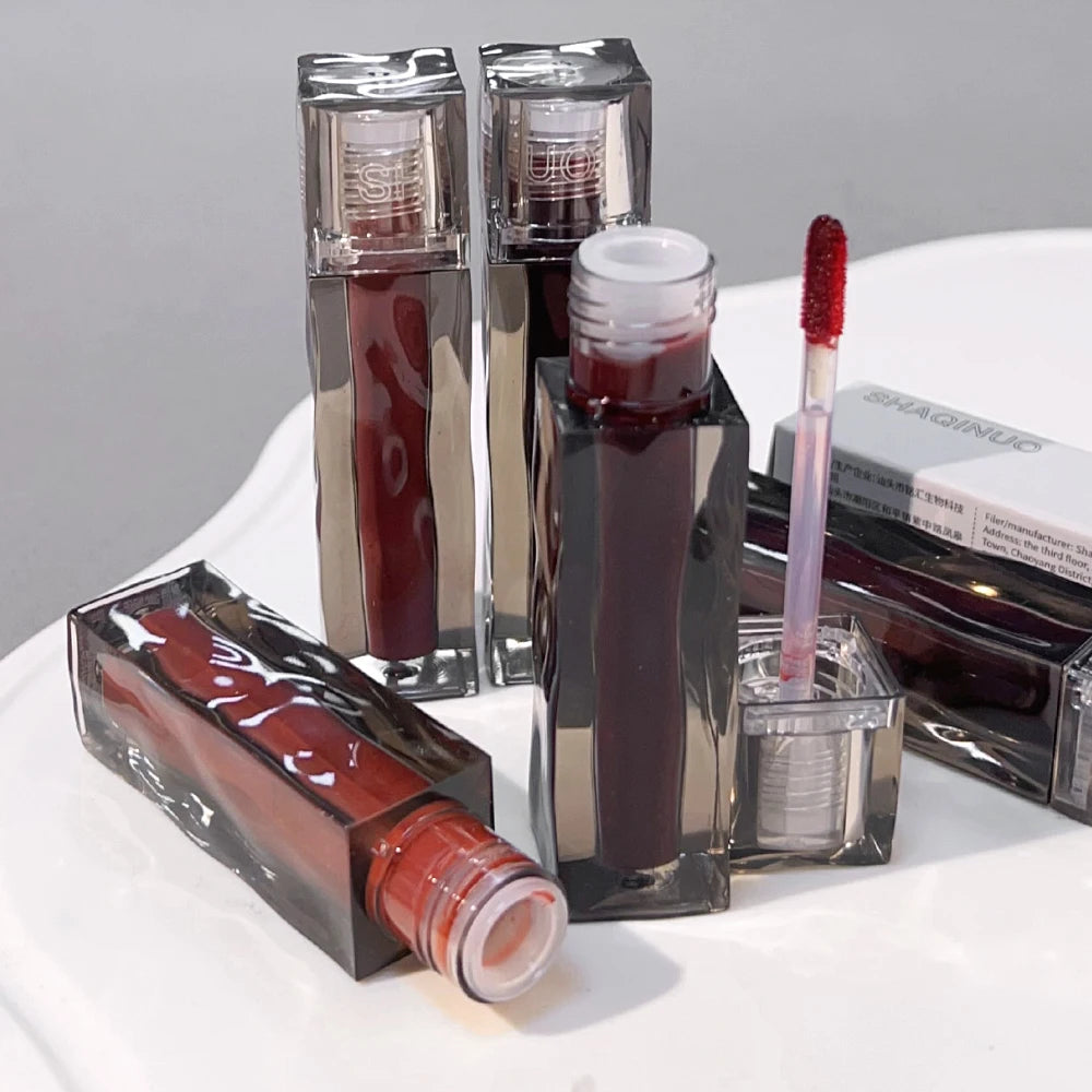 Dark Red Brown Mirror Glass Lip Glaze Moisturizing Sexy Red Liquid Lipstick Long Lasting Non-stick Cup Lip Gloss Korean Cosmetic