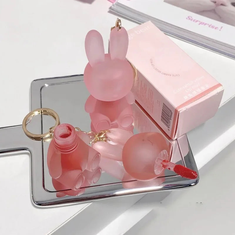 Cute Rabbit Matte Velvet Lip Glaze Summer Lovely Bunny Keychain Lip Mud Matte Texture Lipstick Pink Red Lip Gloss Tint Cosmetic