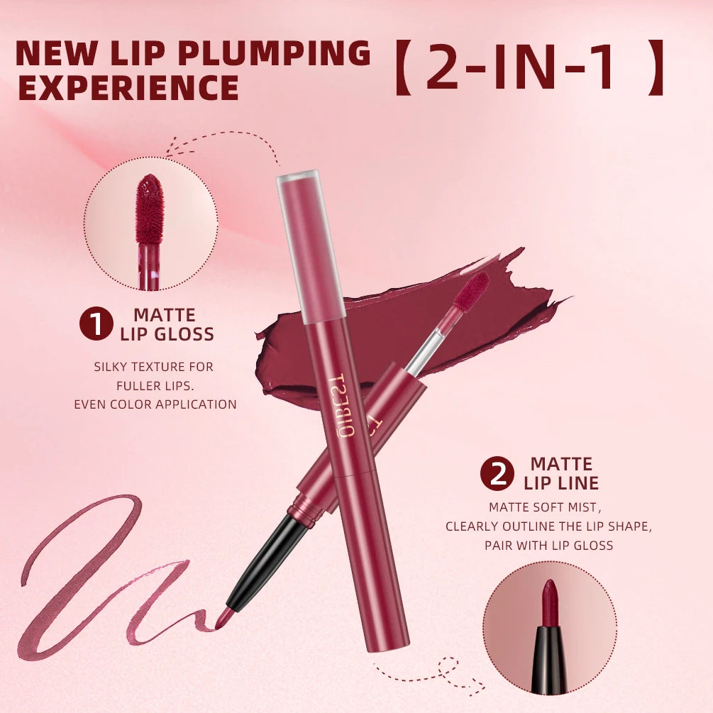 QIBEST 2 IN 1 Lip Liner Waterproof  Matte Velvet Lipstick Lipliner Pen Long Lasting Nude Lipstick Lipliner Pencil Contour Makeup