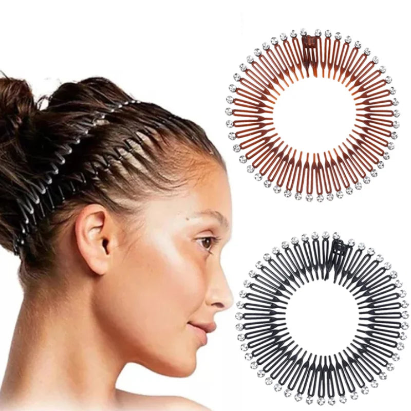 2pcs Rhinestone Plastic Full Circle Stretch Diamond Flexible Comb Teeth Headband Hair Band Clip Face Wash Fixed Hair Accessories