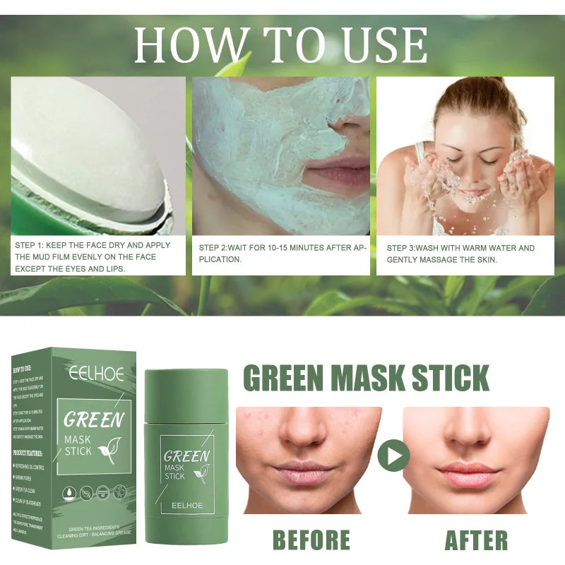 Green Tea Clean Mask Stick for Face Acne Blackhead Remover Deep Pore Cleansing Brightening Facial Purifying Matcha Clay Mud Mask