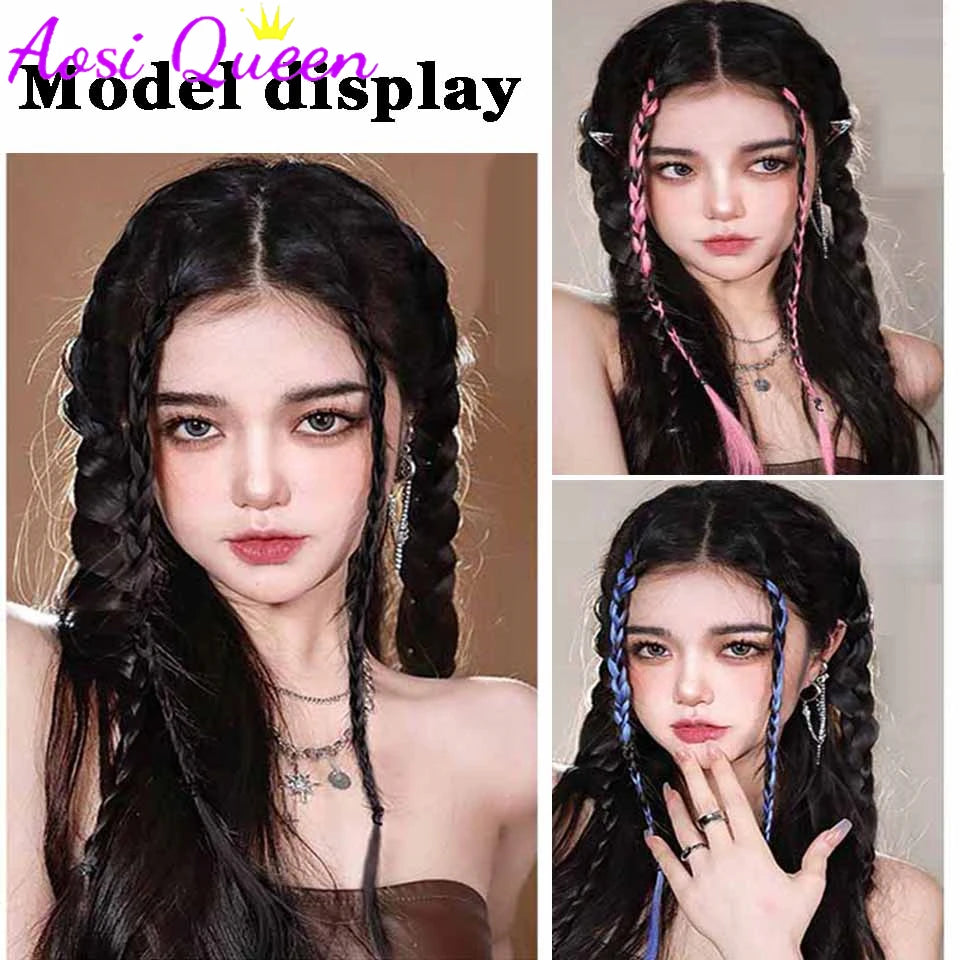 AOSI One-card Hairpin Style Braided Hair Extensions Synthetic 19-inch Highlighted Braided Double Ponytail Wig