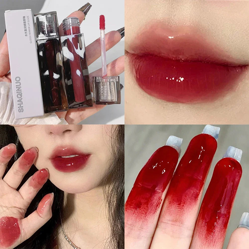 Dark Red Brown Mirror Glass Lip Glaze Moisturizing Sexy Red Liquid Lipstick Long Lasting Non-stick Cup Lip Gloss Korean Cosmetic