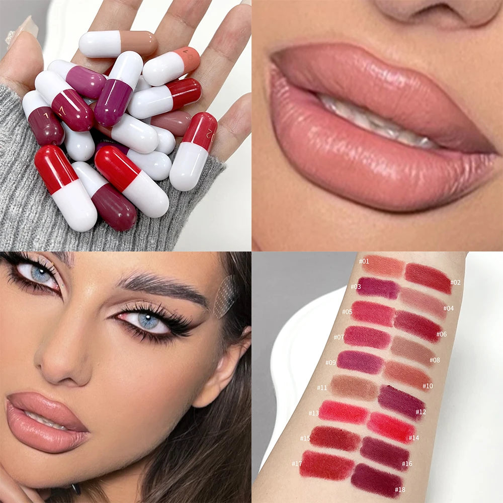 18-color Capsule Lipstick Set Waterproof Non-stick Cup Solid Lip Gloss Mini Long Lasting Matte Nude Lipstick Women Lips Makeup