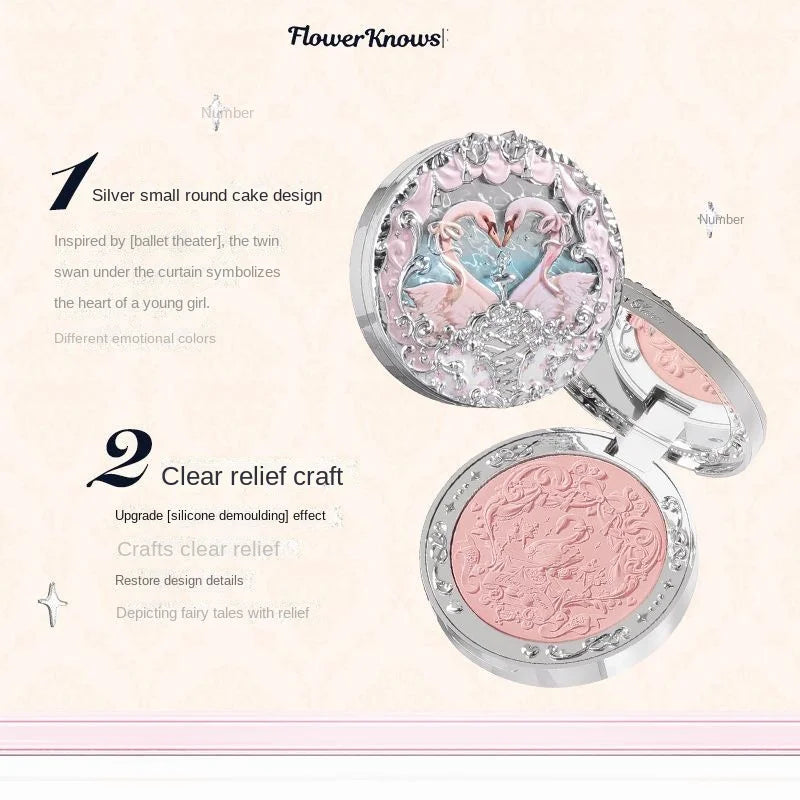 Flower Knows Swan Ballet Velvet Embossed Blush Matte Makeup Pressed Blusher Powder Pallet Women Gift Set