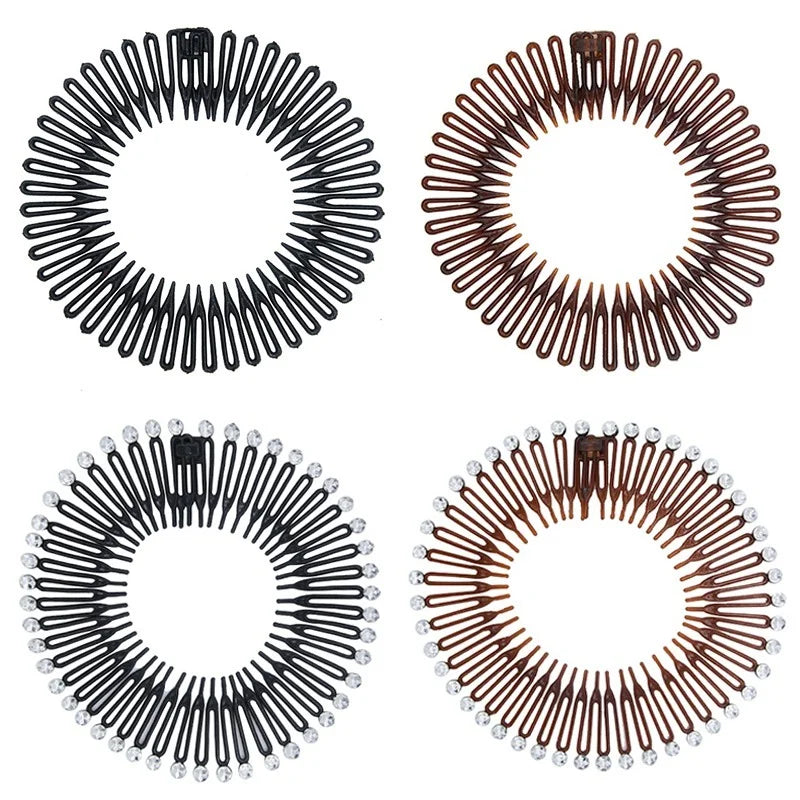 2pcs Rhinestone Plastic Full Circle Stretch Diamond Flexible Comb Teeth Headband Hair Band Clip Face Wash Fixed Hair Accessories