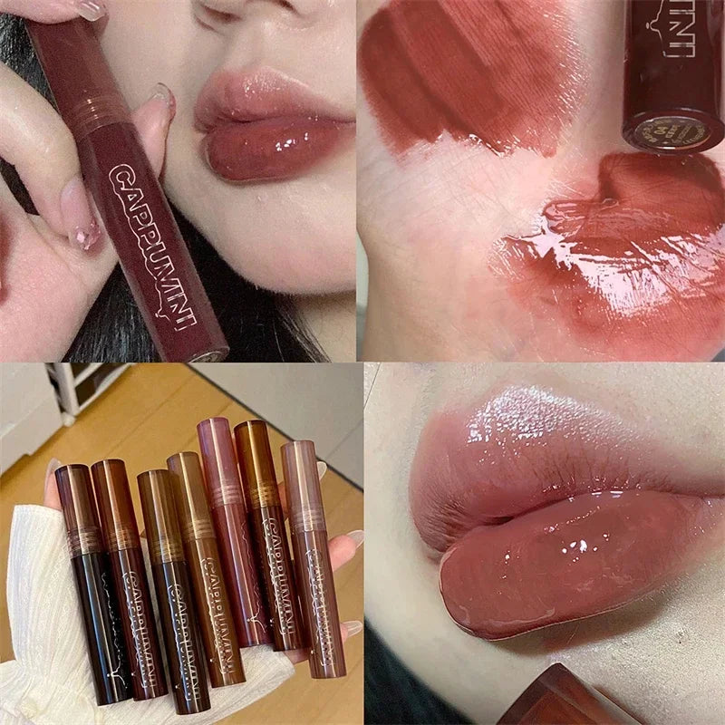 Chocolate Lip Gloss Long Lasting Moisturizes Dark Brown Lip Glaze Transparent Glass Mirror Water Liquid Lipstick Clear Makeup