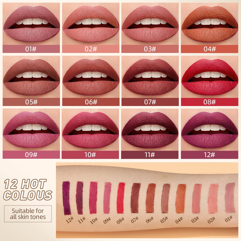 QIBEST New Velvet Matte Lipstick Long Lasting Waterproof Lipstick Non-Stick Cup Lip Stain Tint Cosmetics Lip Pencil Liner Makeup