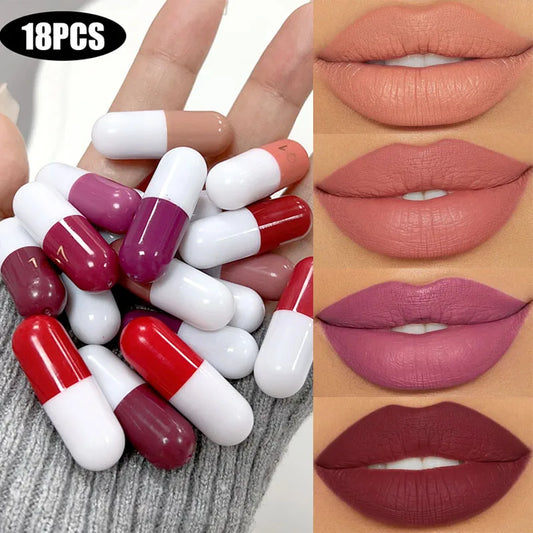 18-color Capsule Lipstick Set Waterproof Non-stick Cup Solid Lip Gloss Mini Long Lasting Matte Nude Lipstick Women Lips Makeup