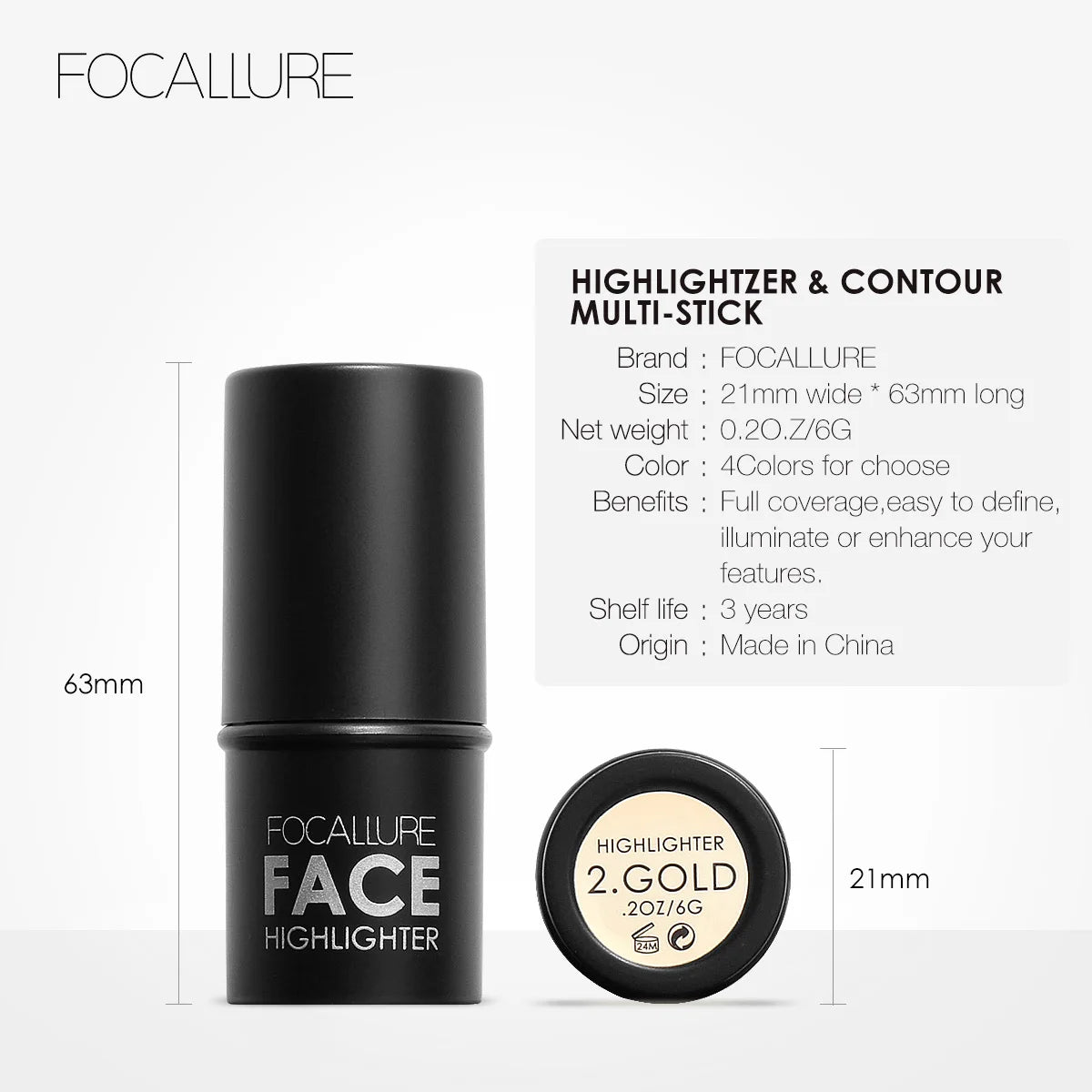 FOCALLURE Bronzer Highlighter Stick Waterproof Body Face Contour Corrector Illuminator Cream For Women's Makeup