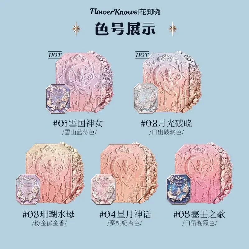 Flower Knows Moonlight Mermaid Gradient Blush Palette Long Lasting Easy Color Matte Natural Brightening Peach Blush Makeup