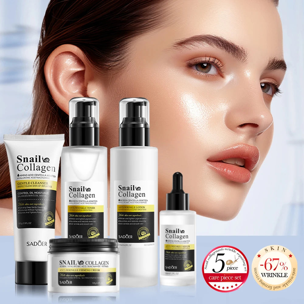 5PCS Snail Collagen Face Cream Set Facial Cleanser Toner Essence Lotion Face Serum Moisturizing Firming Brightening Skin Care