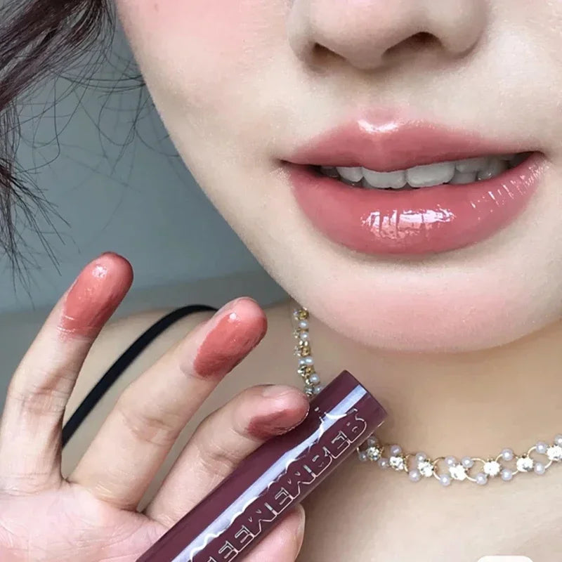 7 Colors Pink Mirror Water Lip Gloss Dark Brown Lip Oil Waterproof Non-stick Cup Liquid Lipstick Nude Brown Clear Tint Makeup