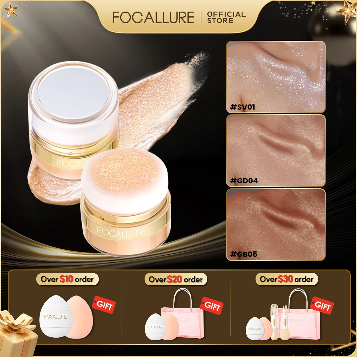 FOCALLURE Glitter Bronzers Highlighter Powder Palette Makeup Shimmer Illuminator Face Contour Blusher Body Highlighter Cosmetics