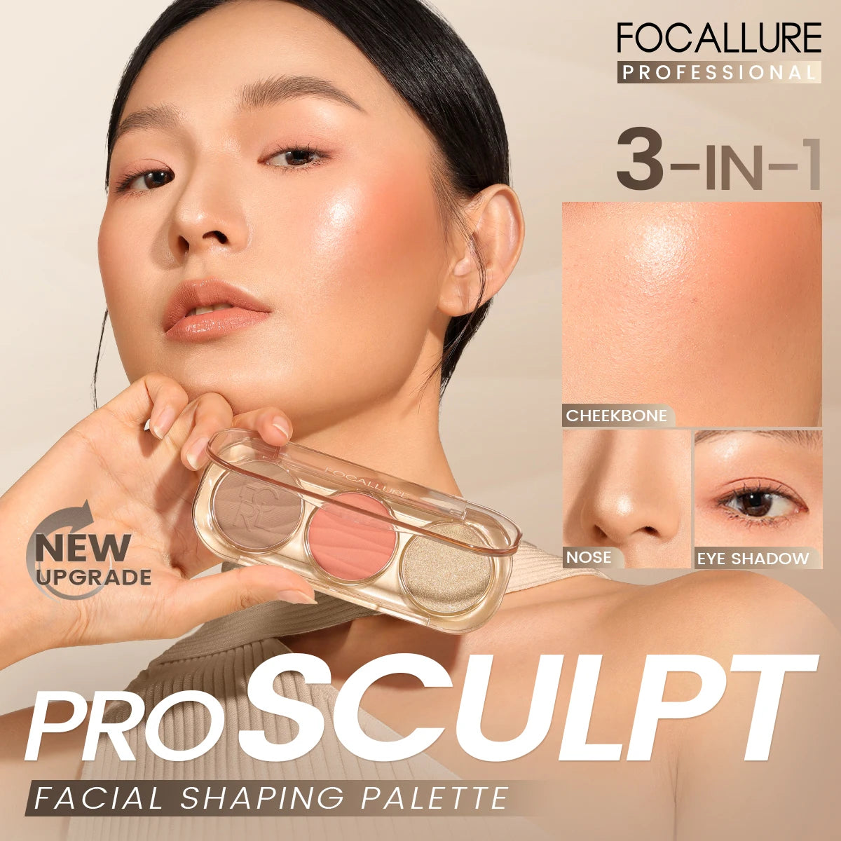 FOCALLURE 3in1 Pearlescent Highlighter Contour Blush Palette Multi-Use 3D Matte Face Contour Blusher Makeup