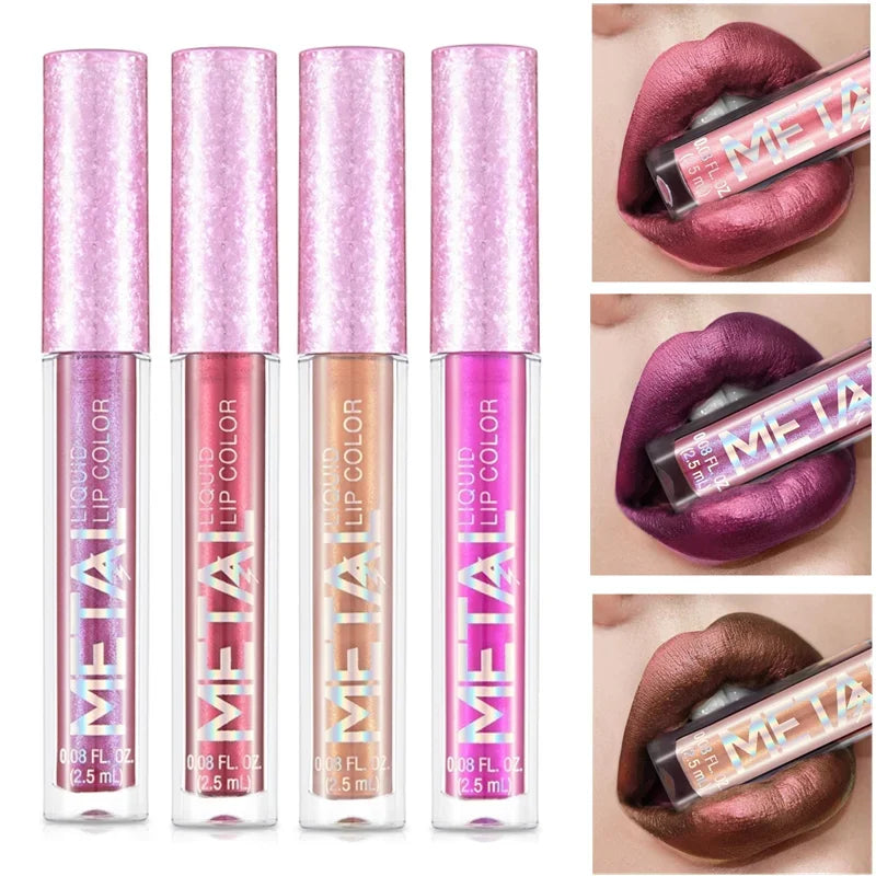 Glitter Metallic Liquid Lipstick Waterproof Shiny Shimmer Metal Lip Gloss Tint Non-Stick Cup Lipgloss Long Lasting Makeup Beauty