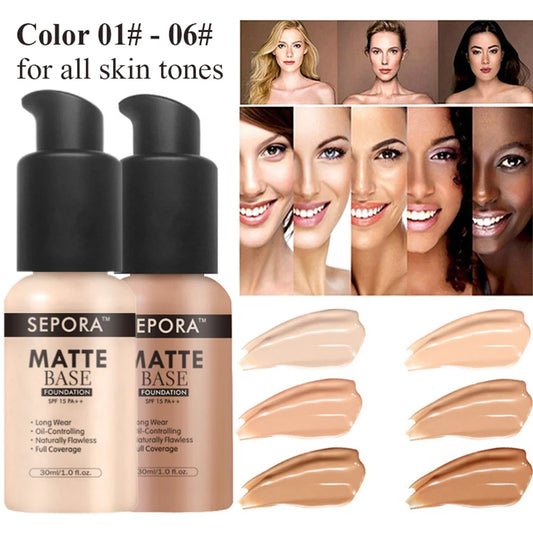 SEPORA 6 Colors Matte Liquid Foundation Oil Control Waterproof Full Coverage Facial Natural Concealer Base Makeup Cosmetics