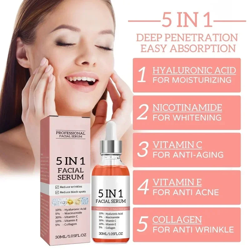 5 In 1 Fade fine lines Firming Face Serum Vitamin C Moisturizing Brightning Hyaluronic Acid Facial Serum Shrink Pores Skin Care