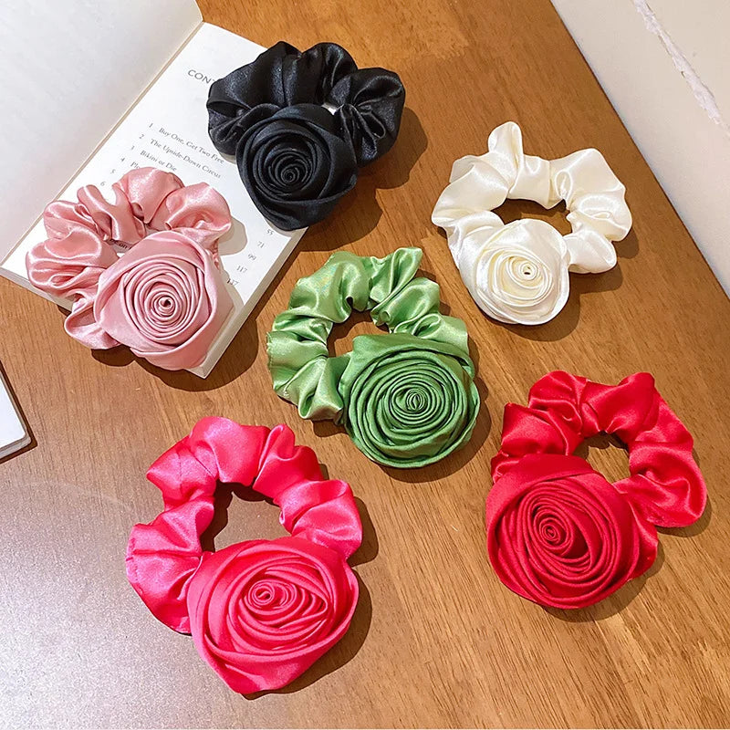 Elegant Silk Rose Flower Elastic Hair Bands for Women Girls Solid Color Scrunchies Hair Ties Ponytail Holder Hair Accessories