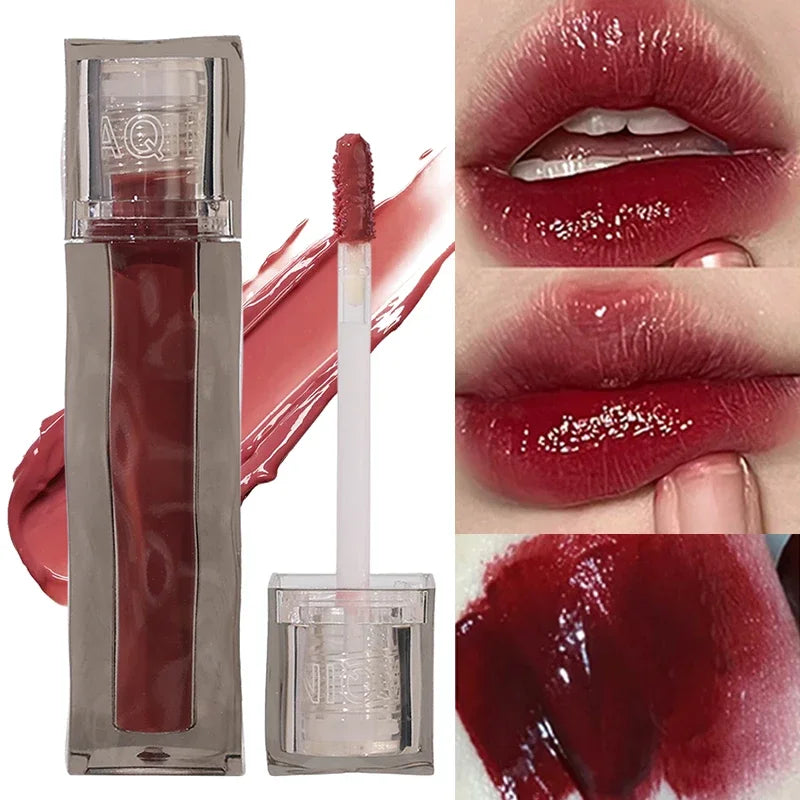 Dark Red Brown Mirror Glass Lip Glaze Moisturizing Sexy Red Liquid Lipstick Long Lasting Non-stick Cup Lip Gloss Korean Cosmetic