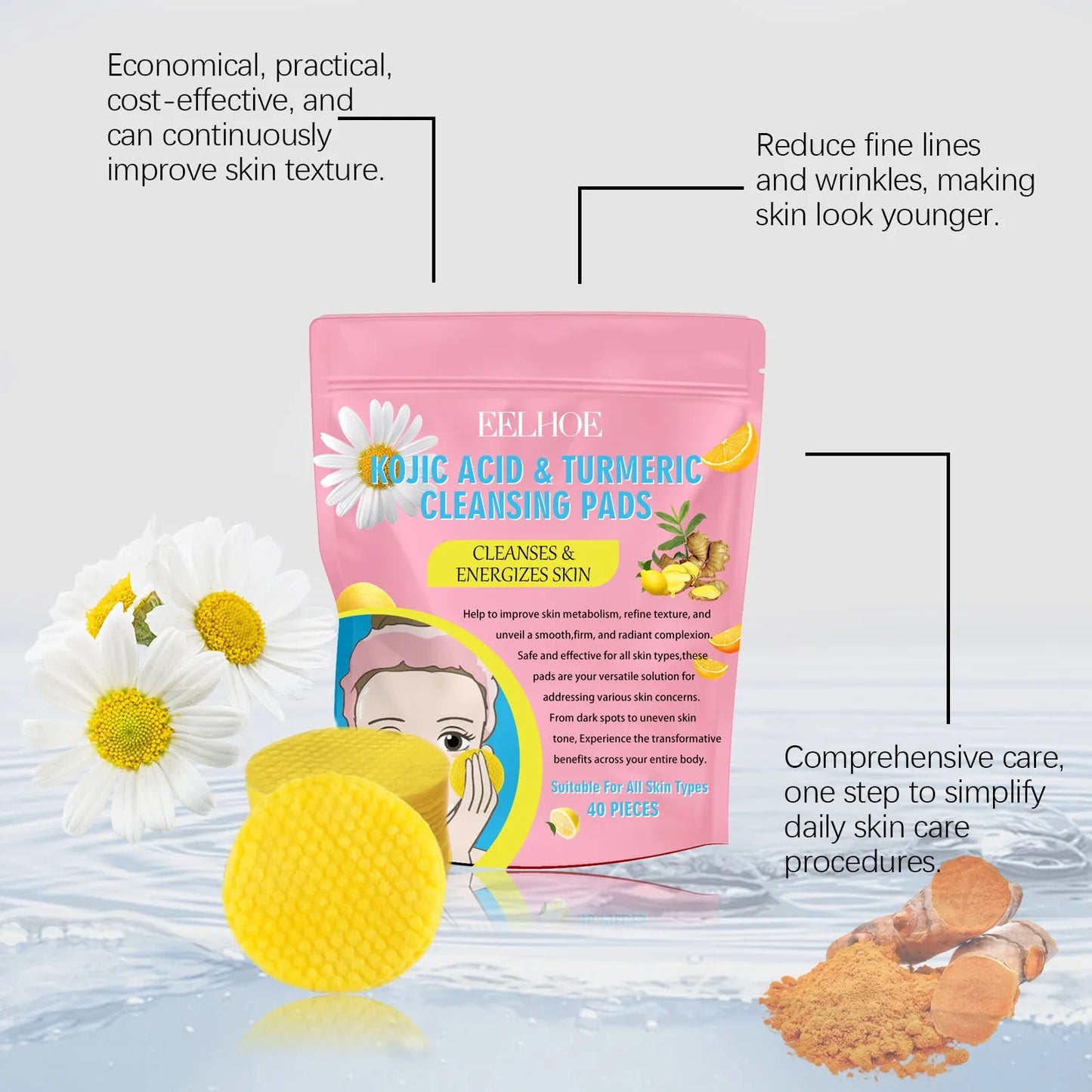 40pcs Turmeric Kojic Acid Cleansing Pads Exfoliating Pads Facial Sponges For Cleansing Exfoliating Daily Cleaning Skin Care