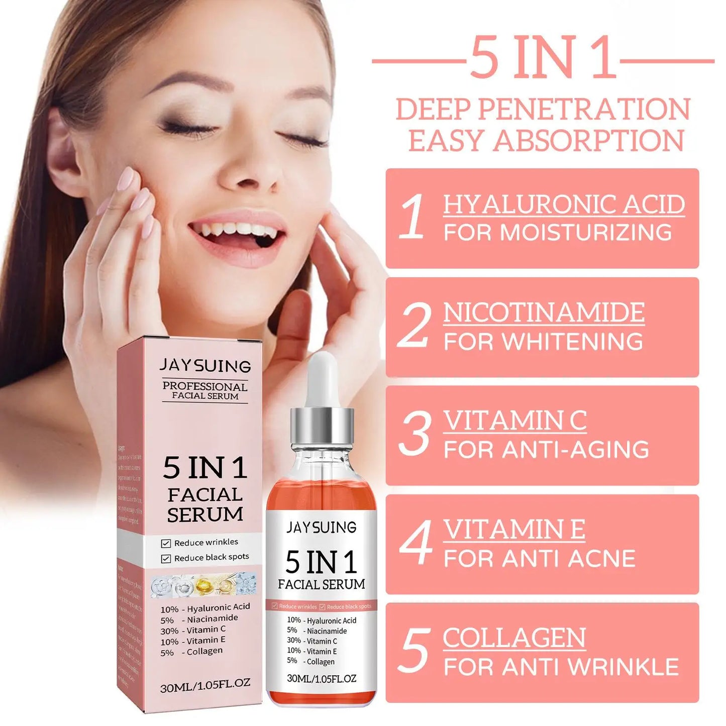 Collagen Wrinkle Remover Face Serum 5 In 1 Lifting Firming Anti-Aging Fade Fine Line Hyaluronic Acid Moisturizer Repair Skincare