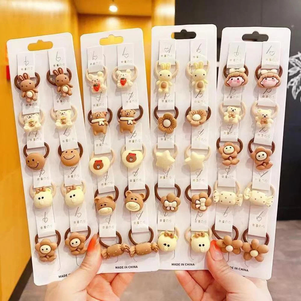 10Pcs/Set Girls Cute Flowers Little Bear Rubber Bands Elastic Hair Bands Kids Ponytail Holder Scrunchie Fashion Hair Accessories