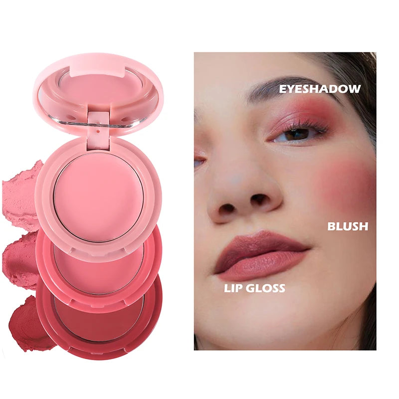 3-in-1 Matte Natural Blush Cream Lasting Facial Brightening Rouge Velvety Lip Cream Korean Eye Shadow Makeup