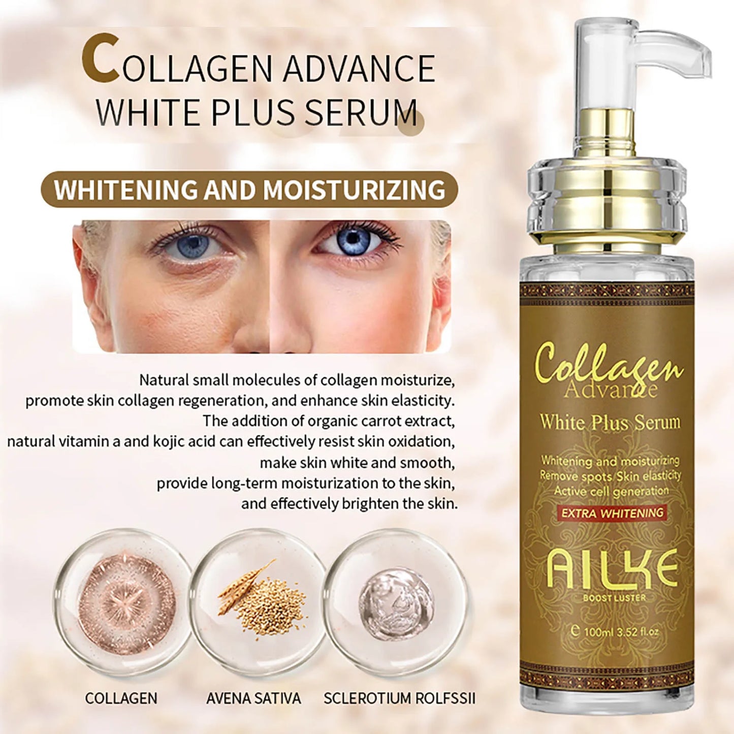 AILKE Hydrating & Brightening Serum for Dark Spots, Fine Lines and Wrinkles, With Collagen, Glutathione,Skin Rejuvenation Serum